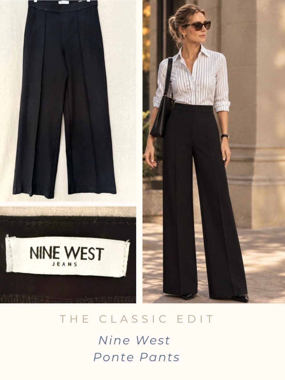 Nine West Black Ponte Pants | High Waist Wide Leg | Slimming Pull-On Career Chic